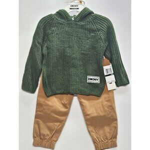 DKNY  Size 12M Baby Boys Set Of 2, Green Olive Hoodie,  Brown Pants With Pockets